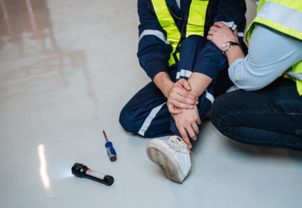 An engineer requests help following a team member's leg injury during electrical work.