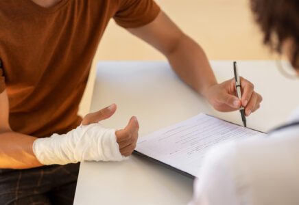 Man with broken arm filling health insurance claim form. Accident insurance disability compensation